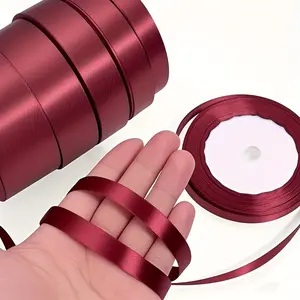 Burgundy Satin Ribbon Flower Bouquet Packaging, Wine Bow Silk Ribbon Gift Wrapping, DIY Hair Accessories, Cake Decoration