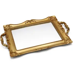 Antique Decorative Gold Framed Square Mirror Tray, Jewelry & Cosmetics Organizer for Dresser, Square - 9.5" W x 14.5" L (Golden)