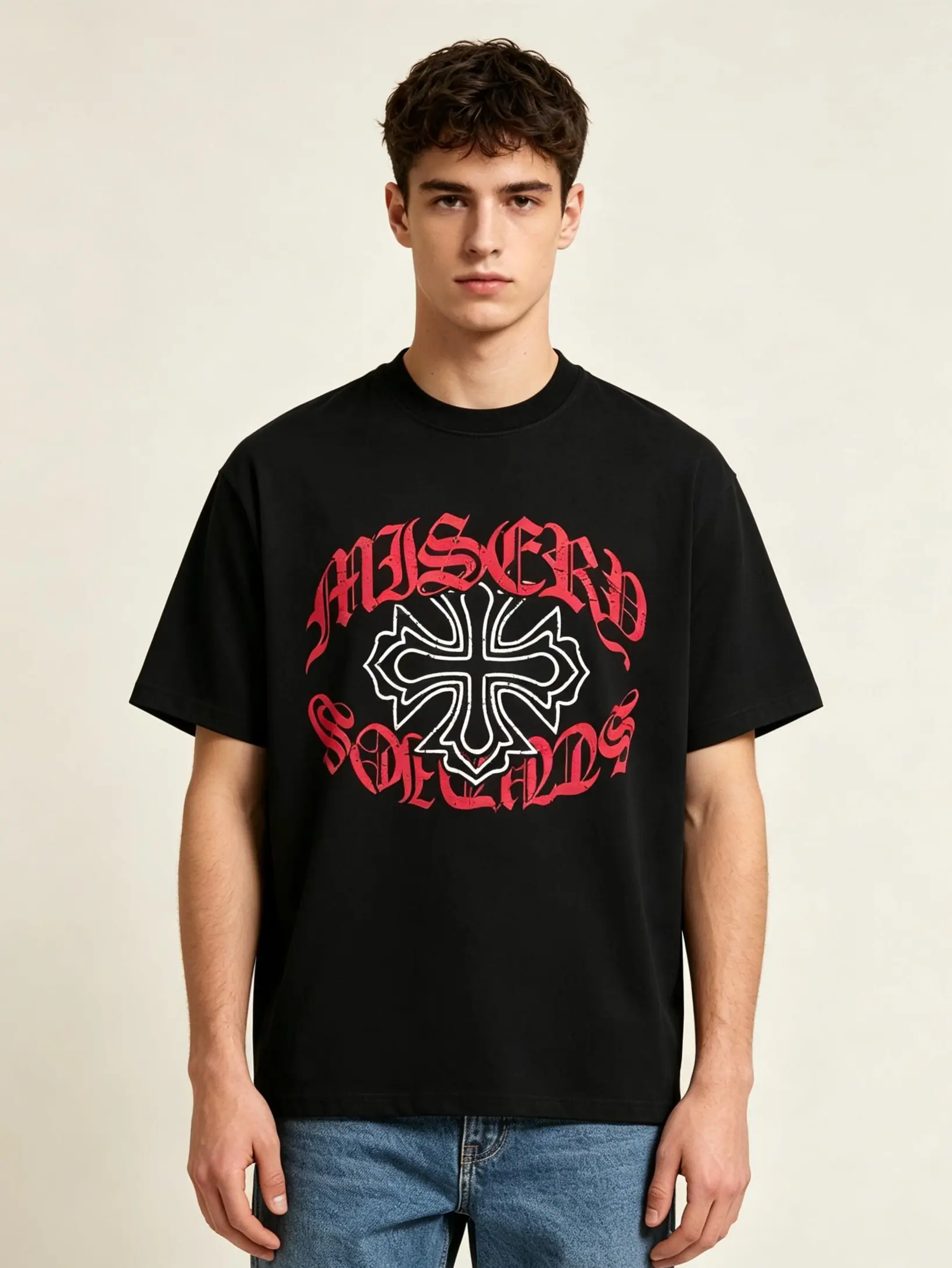 Men's Casual Cotton Short-Sleeve Oversized T-Shirt - Gothic Cross Graphic, Vintage Distressed Red Gothic Letter Print, Chrome Hearts Style, Dark Y2K Aesthetic Punk Rock Streetwear, Menswear
