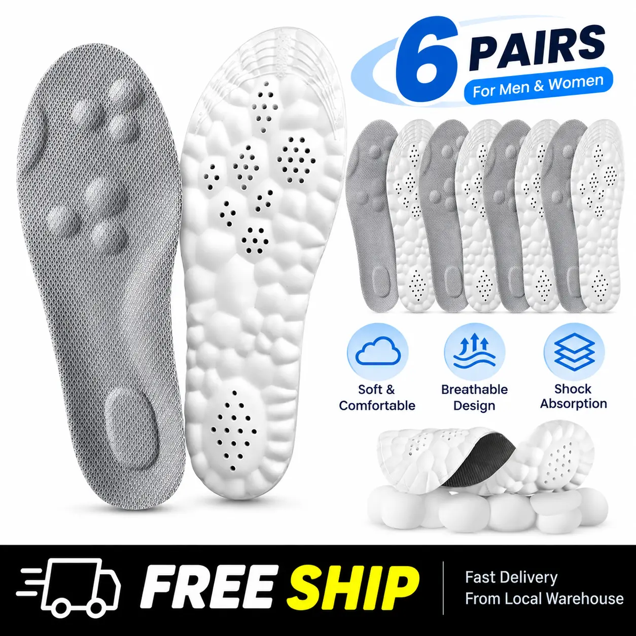 4D Cloud Orthotic Insoles - Arch Support Massage Inserts for Flat Feet, Shock Absorption Breathable Adjustable Size Disposable Home Care Supplies for Pressure Relief