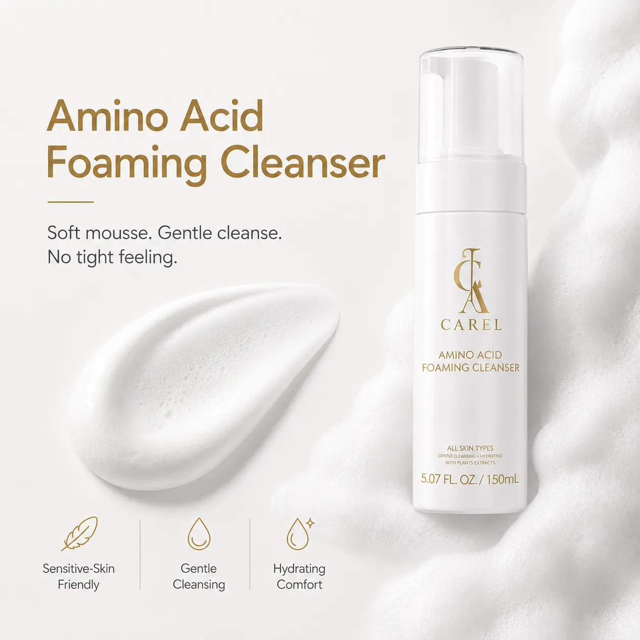[CAREL] Amino Acid Foaming Cleanser | Gentle Hydrating Face Wash for Sensitive Skin | Soft Mousse Daily Facial Cleanser with Plant Extracts, Non-Stripping, No Tightness, Removes Excess Oil & Impurities | 5.07 fl oz