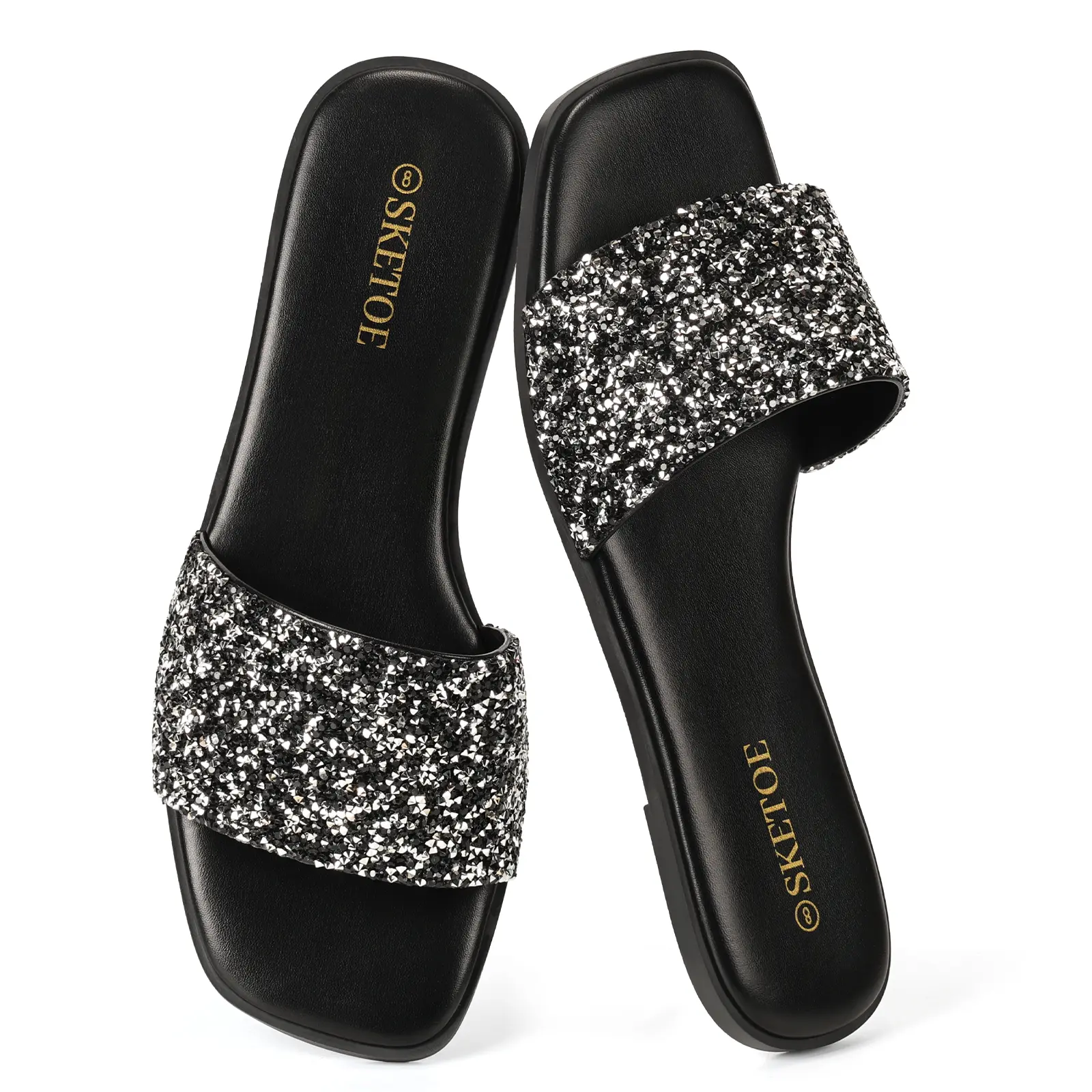 【Clearance】Women's Rhinestone Slippers Flat Black Sandals Sparkly Sandals Square Open Toe and bling Sandals for Casual Wear Indoor Outdoor for the beach and vacation Summer Vibes,Comfortable and Versatile Holiday Footwear,2026 Fashion