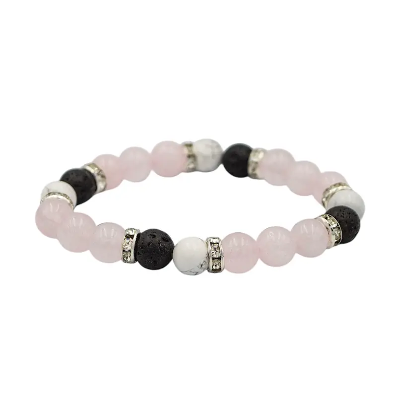 Rose Quartz Beaded Bracelet with Black Lava Beads & White Howlite Loving Clarity - Beaded Design, Round Beads, Adjustable Fit
