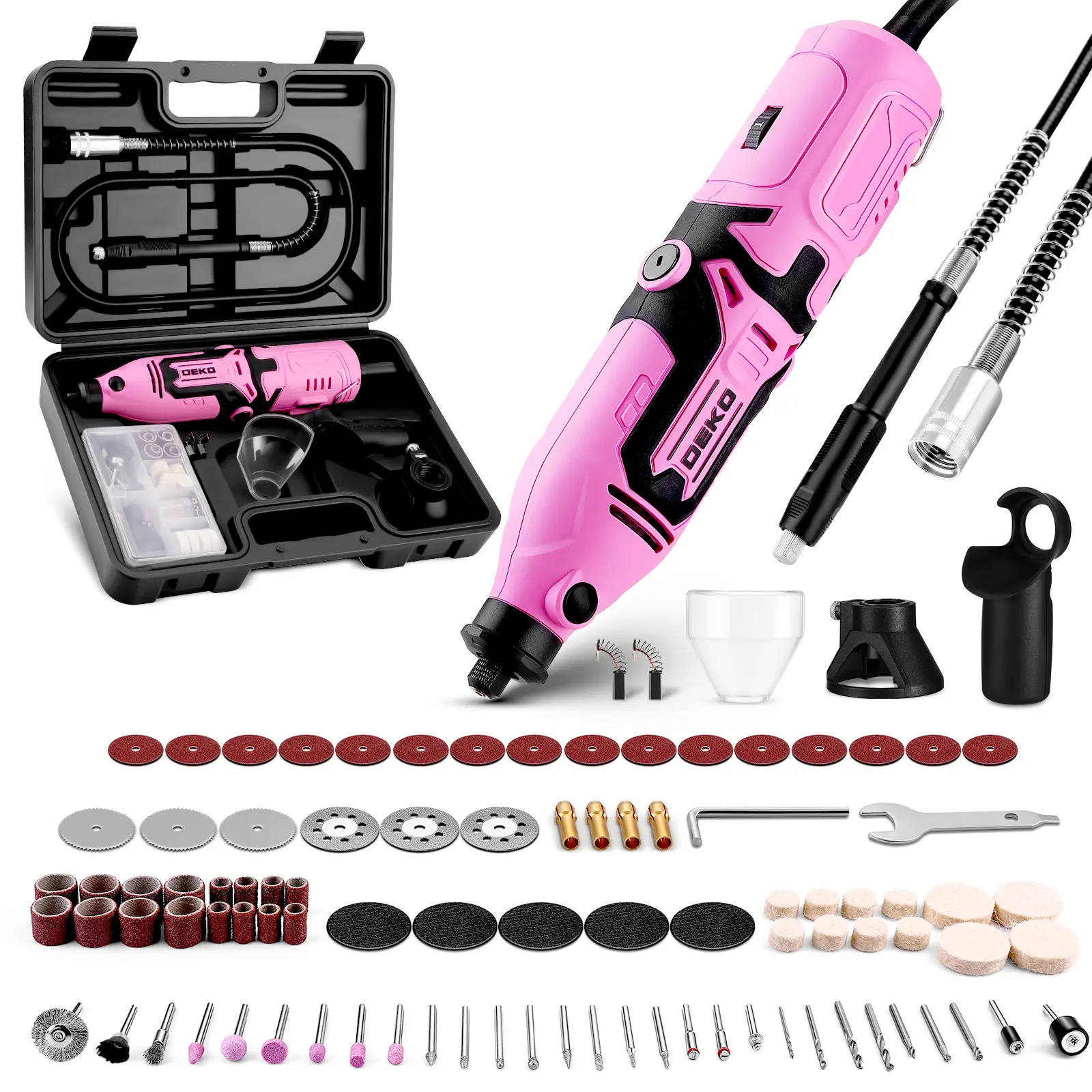DEKOPRO 127pcs High Precision Rotary Tool Kit - Handheld Grinding Tool, Electric Drill Grinder with Flex Shaft, Interchangeable Attachments for Wood/Metal Carving, Sanding, Polishing (Pink), High Precision Tool