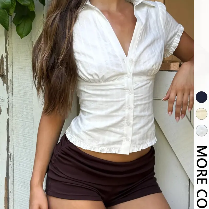 Women's Pure Color Solid Bubble Sleeve Ruffle Elegant Commuter Button Waist Cinching Slimming Top, Stylish Casual Office Wear, Comfortable Fit, Blouse, Shirts, Ruffled, Womenswear, Casual Classy Top