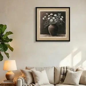 Framed Vintage Floral Wall Art, 3D Textured Botanical Print on Natural Linen (Matte Black Frame)