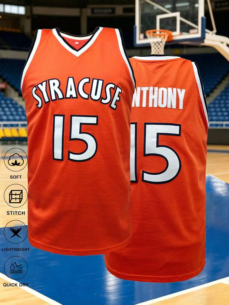 Men's #15 Syracuse Orange Embroidered Basketball Jersey, Loose Fit Sleeveless V-Neck Tank Top, Suitable For Basketball, Sports, Running, Gym, Streetwear, Spring