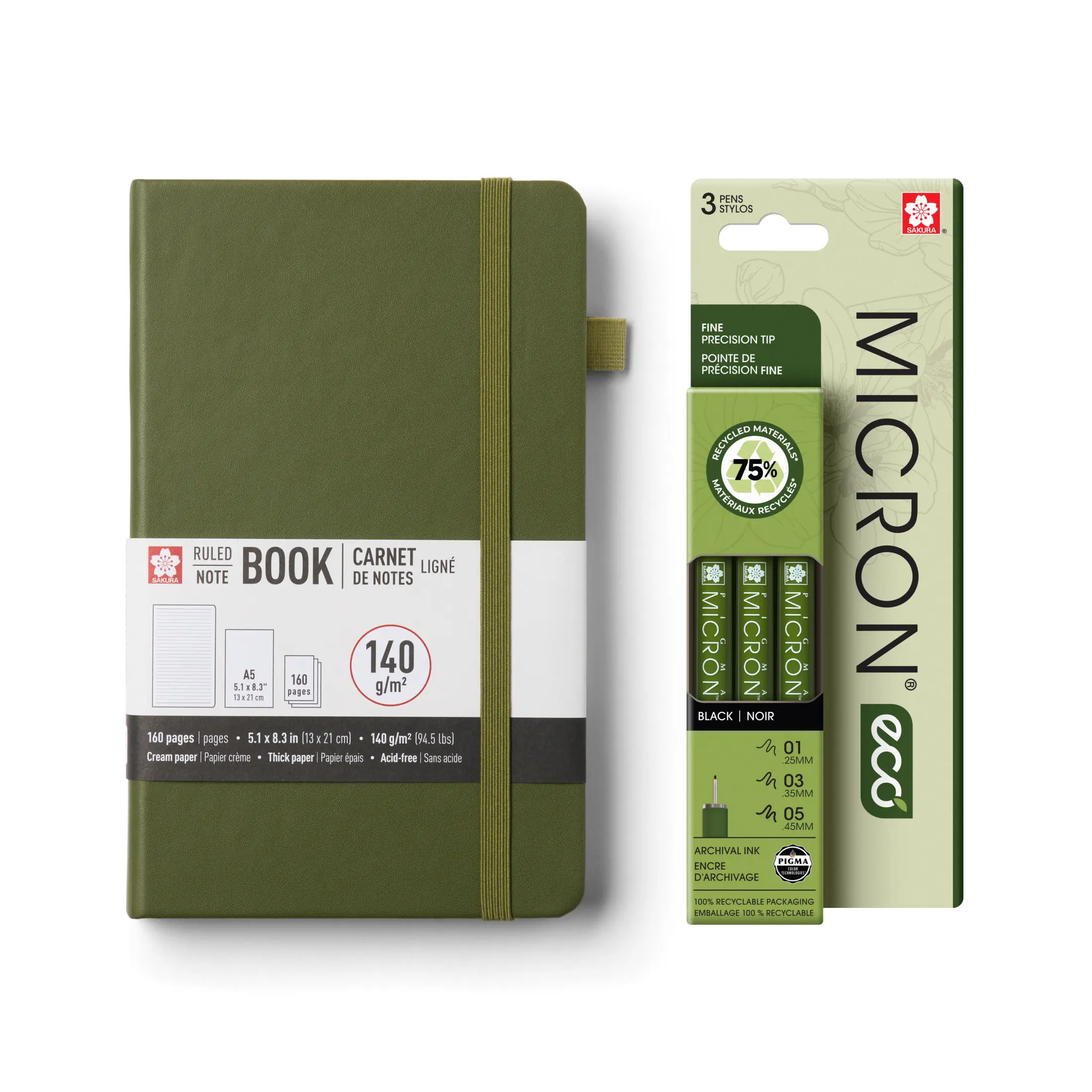 Sakura A5 Notebook & Pigma Micron Bundle - Creative Set for Journaling, Sketching & Writing - A5 Notebook with 140 GSM Paper - Archival Ink Pens - Stationery Bundle - 5.1 x 8.3"