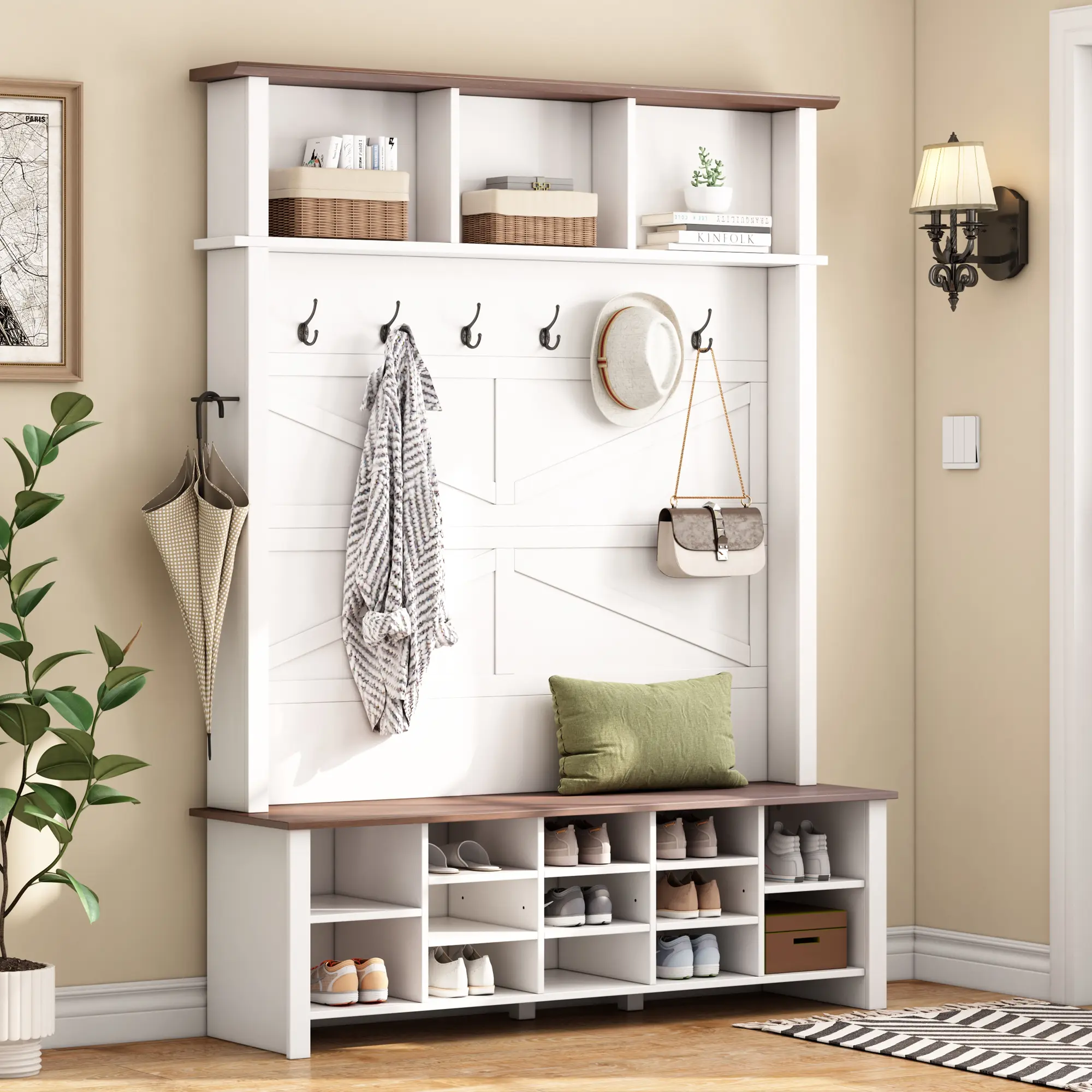 Bellemave 4-in-1 Farmhouse Floor-Standing Hall Tree - Anti-Tip Walnut Entryway Bench with 6 Hooks, 4-Layer Shelves, 16 Open Compartments, Adjustable Multi-Section Wooden Shoe Organizer for Mudroom, Entryway Storage Cabinets, Furniture Storage