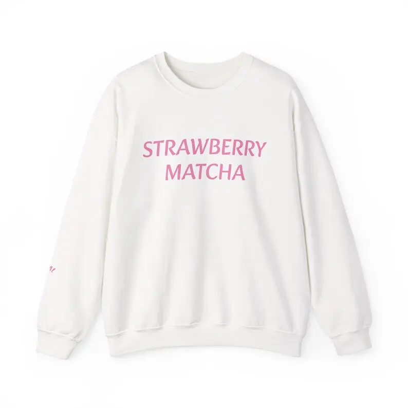 Unisex White Sweater – Trendy 'Strawberry Matcha' Pink Letter Print, Soft and Comfortable Fabric, Perfect for a Sweet, Youthful, and Casual Style, Easy to Pair with Jeans or Skirts. gilmore  girls  merch
