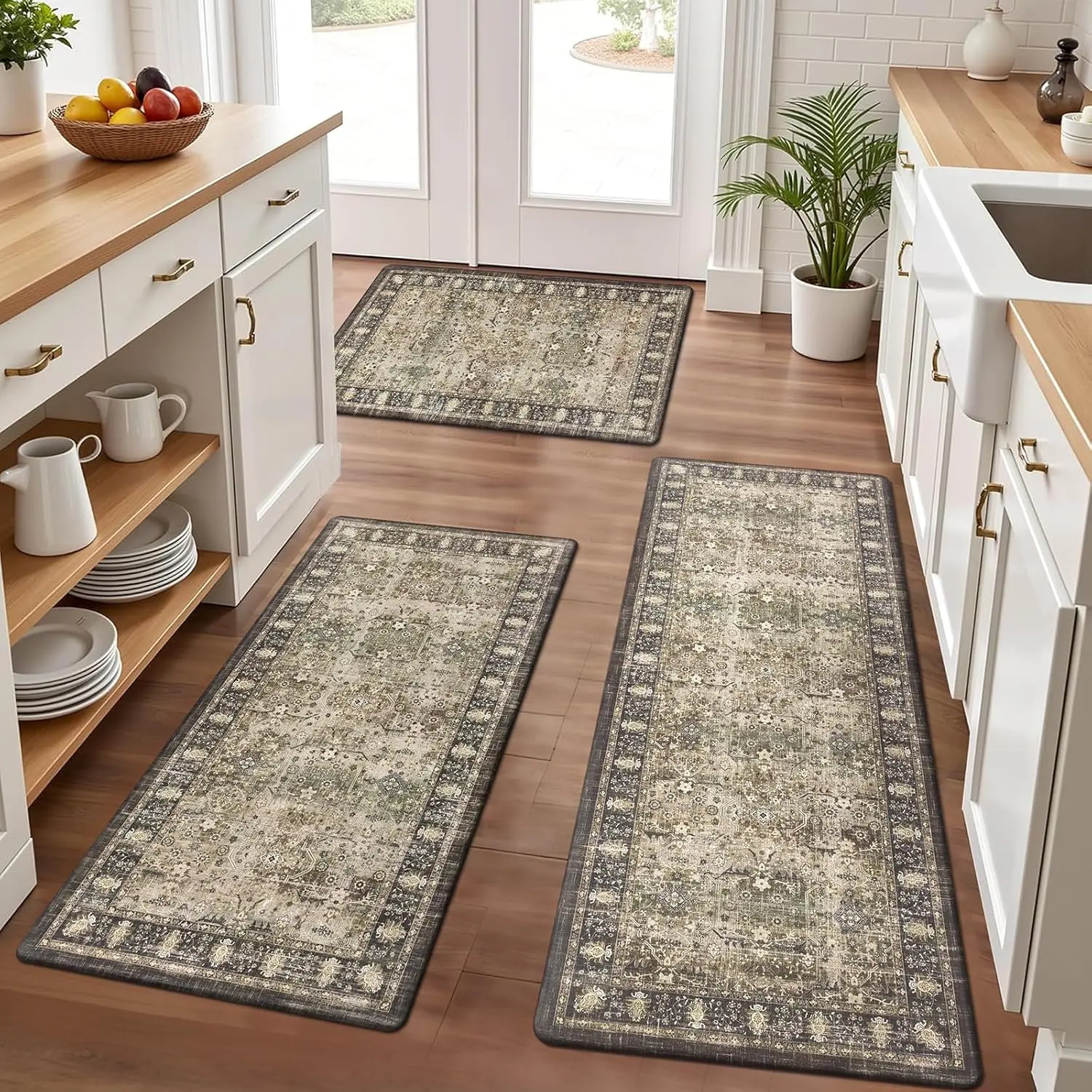 1/2/3-Piece Kitchen Floor Rug Sets, Flannel Mats, Non-Slip, Cushioned, Comfortable Standing Mats—Waterproof Sink Mats Suitable for Kitchens, Laundry Rooms, and Other Areas