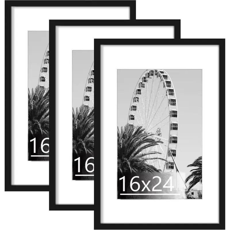 16x24 Frame Set of 3, Display Pictures 12x18 with Mat or 16 x 24 Without Mat, Poster Frames for Vertical & Horizontal Wall Hanging Display, Black