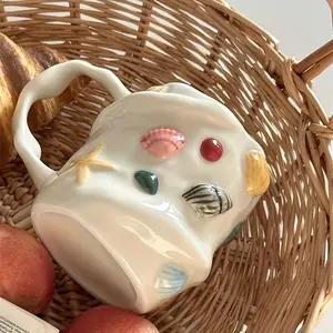 1PC Ocean Nautical Style Handcrafted 3D Irregular Seashell Ceramic Coffee Mug, Food Grade Underglaze Artistic Water Cup, Handmade Artwork Drinkware for Afternoon Tea Home Office Daily Use, Creative Gift for Ocean & Coffee Lovers