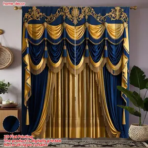 Luxury Blue Gold Palace Style Curtains, 2pcs 2D Print, European Living Room Bedroom Decor, Shade, Privacy, Light Control, Home Decoration