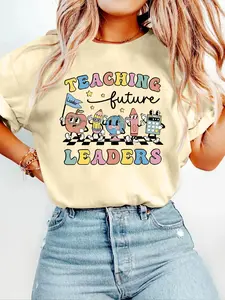 Teacher Pattern Print T-Shirt, Short Sleeve Round Neck Casual Top, Suitable for Summer & Spring, Women's Fashion Clothing