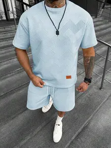 Men's Solid Color Textured Letter Patched Round Neck Tee & Drawstring Waist Shorts Two-Piece Set, Regular Fit Casual Fashion Short Sleeve T-shirt & Pocket Track Shorts, Men's Summer Clothes for Daily Wear