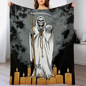 Santa Muerte White Robe Fleece Blanket, La Santa Muerte Grim Reaper Print Soft Cozy Throw, Mexican Folk Religion Gothic Home Decor Gift for Couch Bed
