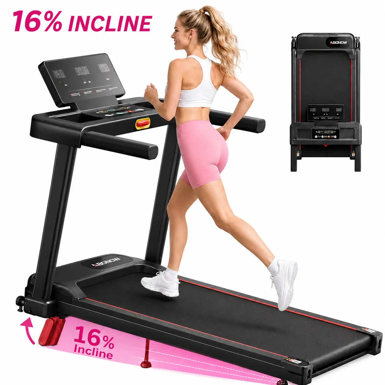 JC 16% incline Foldable Handrail Adjustable Incline Treadmill, Low Noise Motor Walking Pad,Remote Control & Wheels for Easy mobility, Dual Shock Absorption System Home Gym Equipment, Home Workout Equipment