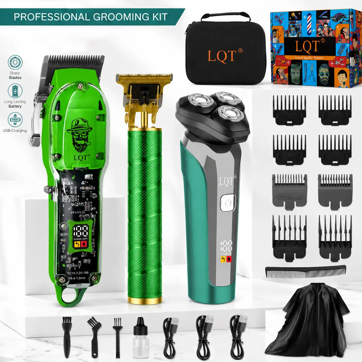 Men's Professional 3PCS Cordless Hair Clipper Set - Barber Grooming Kit with LCD Display, USB Rechargeable Trimmer, Adjustable Blade Clippers, Stainless Steel Brush, Storage Case for Home, Salon Daily Close-Cut Haircuts