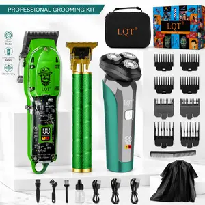 Men's Professional 3PCS Cordless Hair Clipper Set - Barber Grooming Kit with LCD Display, USB Rechargeable Trimmer, Adjustable Blade Clippers, Stainless Steel Brush, Storage Case for Home, Salon Daily Close-Cut Haircuts