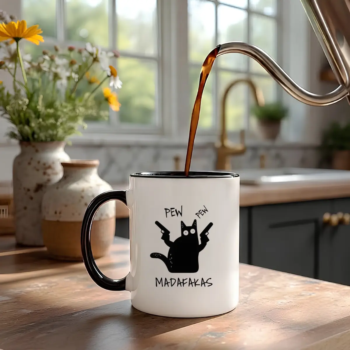 Pew Pew Madafakas Black Cat Coffee Mug Funny Cat Meme Ceramic Coffee Cup Sarcastic Black Kitty Mug Gothic Cat Lover Gift Halloween Cat Mug Funny Office Coffee Cup
