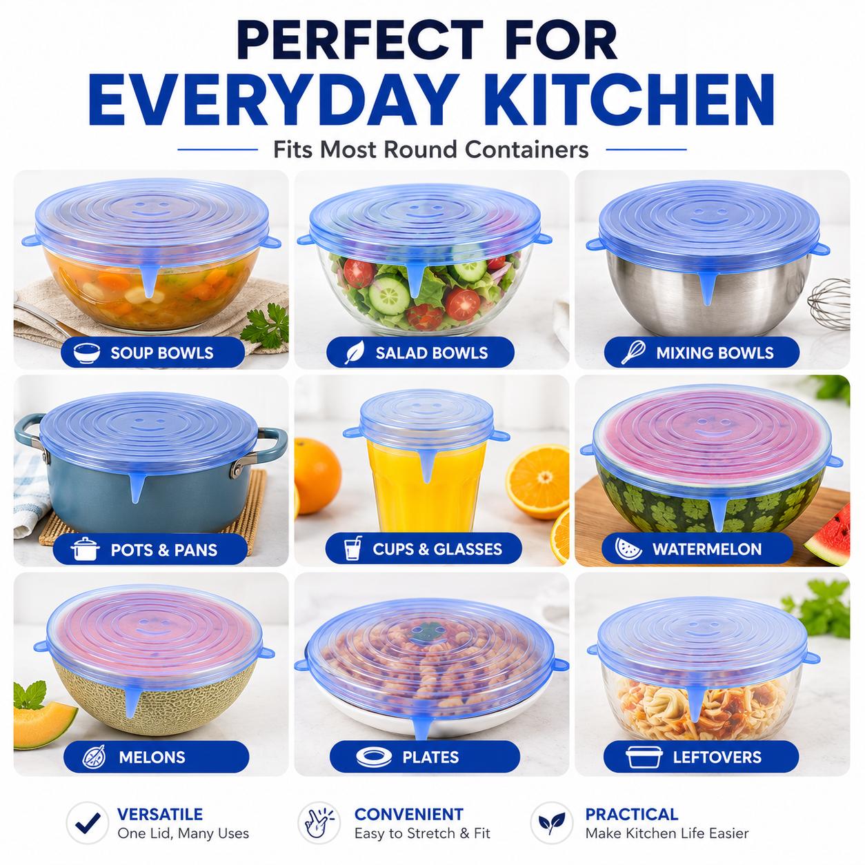 6 Pack Silicone Stretch Lids (2.6", 3.7", 4.3", 5.5", 6.3", 7.7"), Reusable Food Grade Silicone Covers for Bowls, Pots, Cups & Fruits, BPA Free 6 Pack Silicone Stretch Lids (2.6", 3.7", 4.3", 5.5", 6.3", 7.7"), Reusable Food Grade Silicone Covers for Bowls, Pots, Cups & Fruits, BPA Free