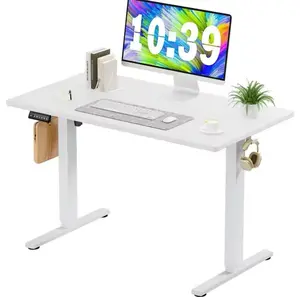 Electric height-adjustable standing desk, 48 x 24, suitable for sitting or standing. Modern adjustable workstation with ergonomic features, designed for computer use, featuring a white top and frame.