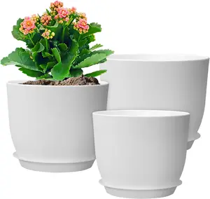 3 Pack Large White Plant Pots – 12/10/9 Inch Modern Decorative Plastic Planters with Drainage Holes & Saucers for Indoor & Outdoor Plants