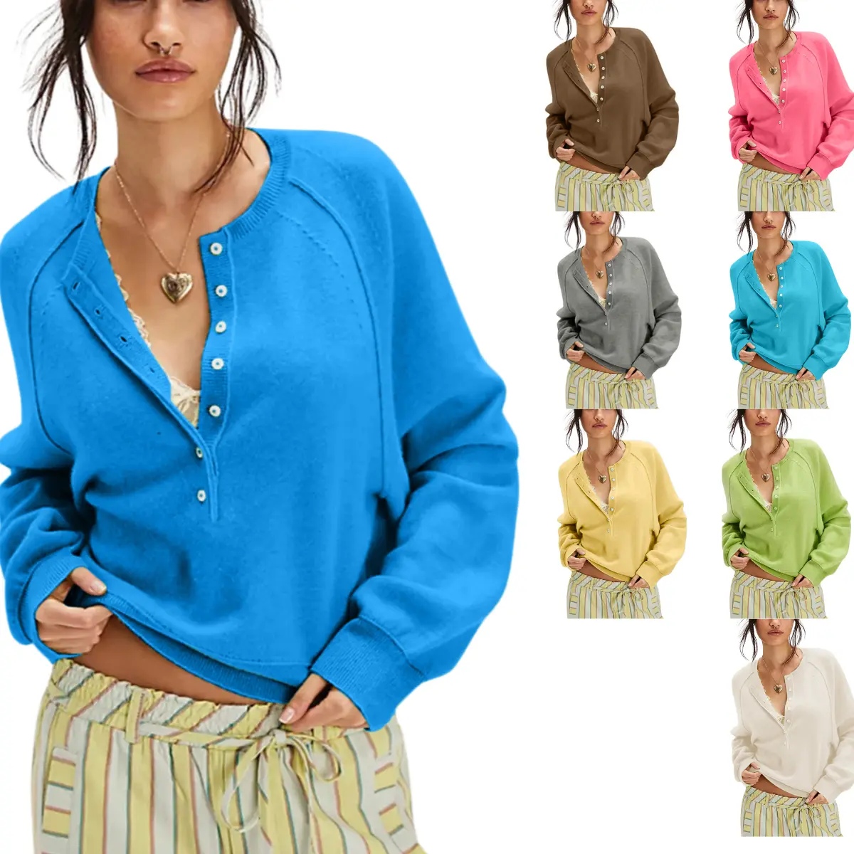 Yeokou Women's Comfortable Crew Neck Long-Sleeve Knitwear - Relaxed Fit, Soft Button-Down Henley Top, Breathable Fabric, Ribbed Sleeves Basic Pullover, Business