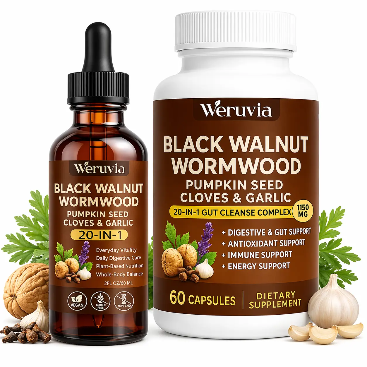 Black Walnut Wormwood Dietary Supplement, with Pumpkin Seed, Clove, and Garlic – 20-in-1 Cleansing Complex, supports digestive and immune system health, plant-based formula, vegan, non-GMO, 60 capsules