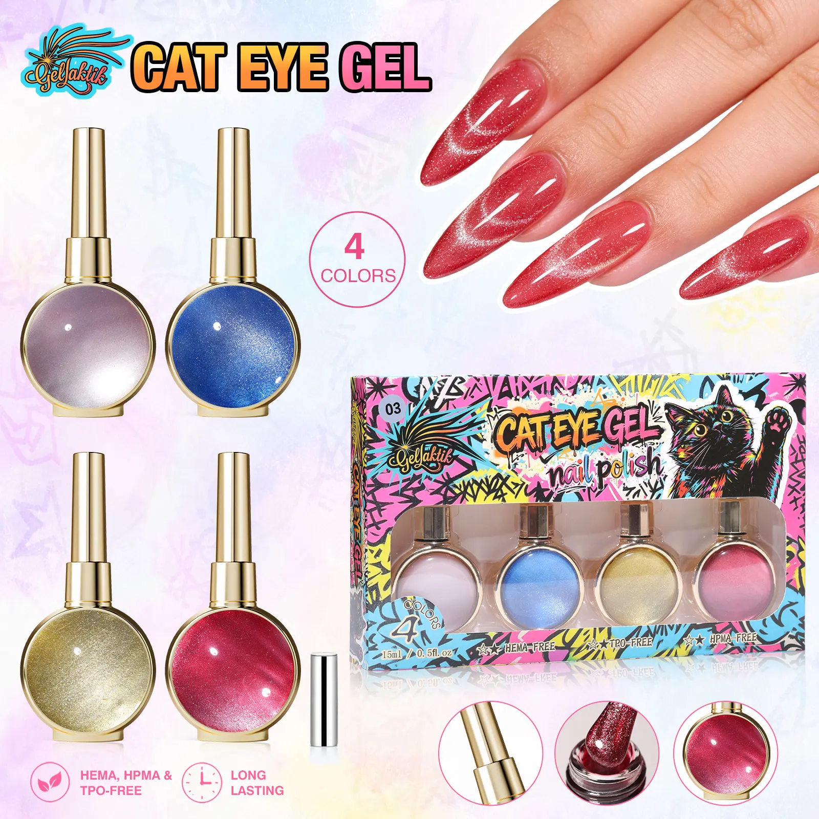 GELLAKTIK Women's 4-Piece Cat Eye Magnetic Gel Nail Polish Set, 15ml Summer Glitter Gel with Magnet, Soak-Off UV LED Nail Art Kit for Home DIY Gifts