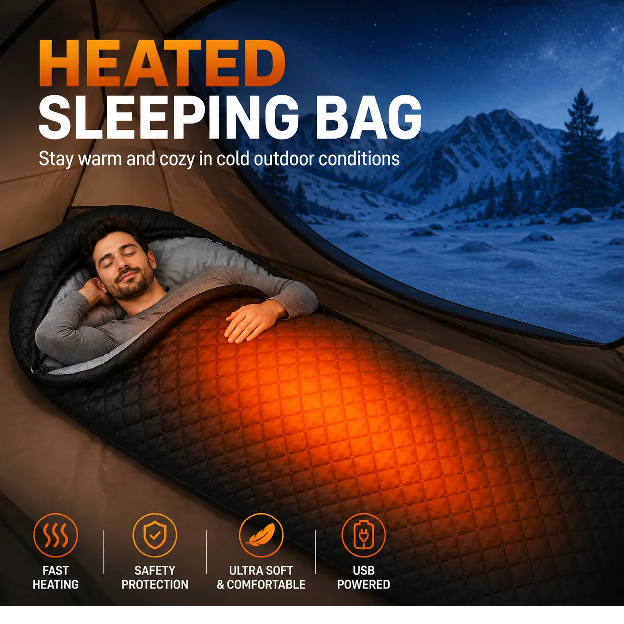 Heated Sleeping Bag - Fast Heating, Safety Protection, Ultra Soft & Comfortable, USB Powered for Cold Outdoor Conditions