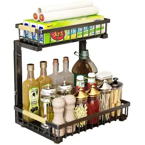 2 Tier Kitchen Cabinet Organizer, L Shape Height Adjustable Sink Organizer, Spice Rack Standing Kitchen Organizer Under Sink Shelf, Under Cabinet Cleaning Supplies Organizer for Kitchen, Sink,Black