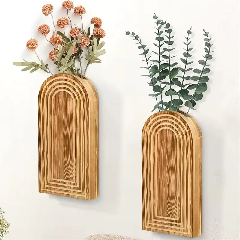 2-Pack Wooden Wall Vase Set - Brown Finish, Modern Farmhouse & Boho Wall Decor for Entryway, Hallway, Bathroom, Living Room, Dining Room, Narrow Spaces