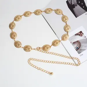 1pcs Western Metal Boho Style Belt, Oval Glitter Daisy Chain Belt Adjustable Boho Waist Chain Country Concert Accessory