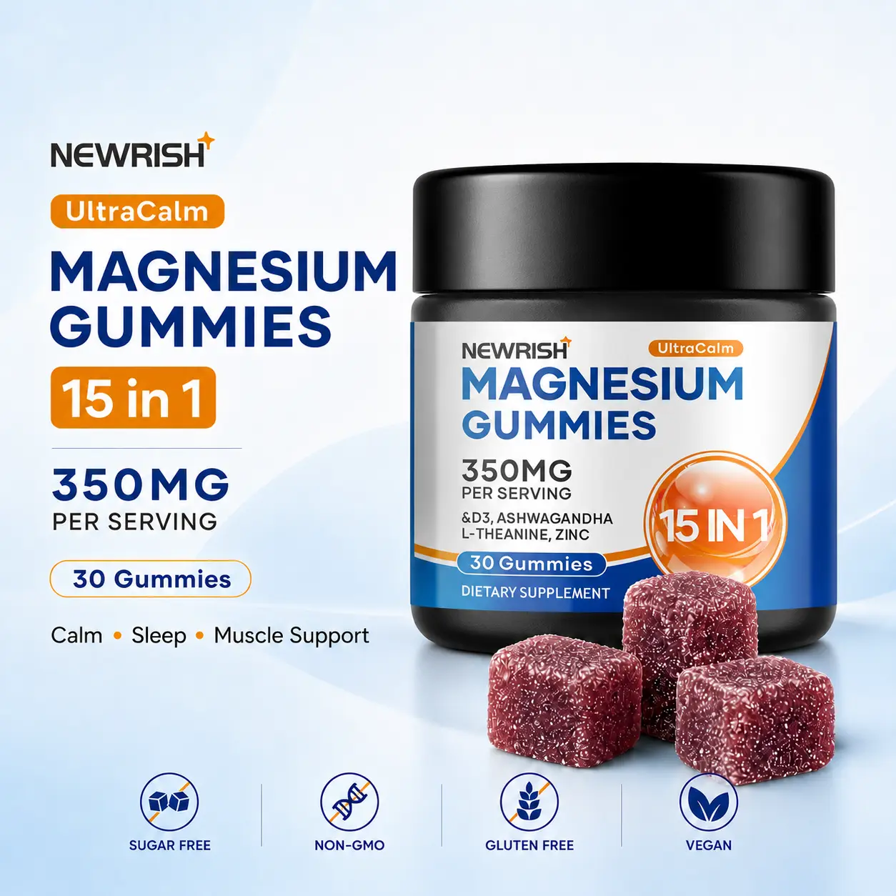 Newrish 15-in-1 Magnesium Gummies-Magnesium Complex, containing South African drunken eggplant, L-theanine, vitamin D3 and zinc; Sugar-free vegan magnesium chewable gummies to help soothe mood, improve sleep and relax, 30-pill-magnesium supplement