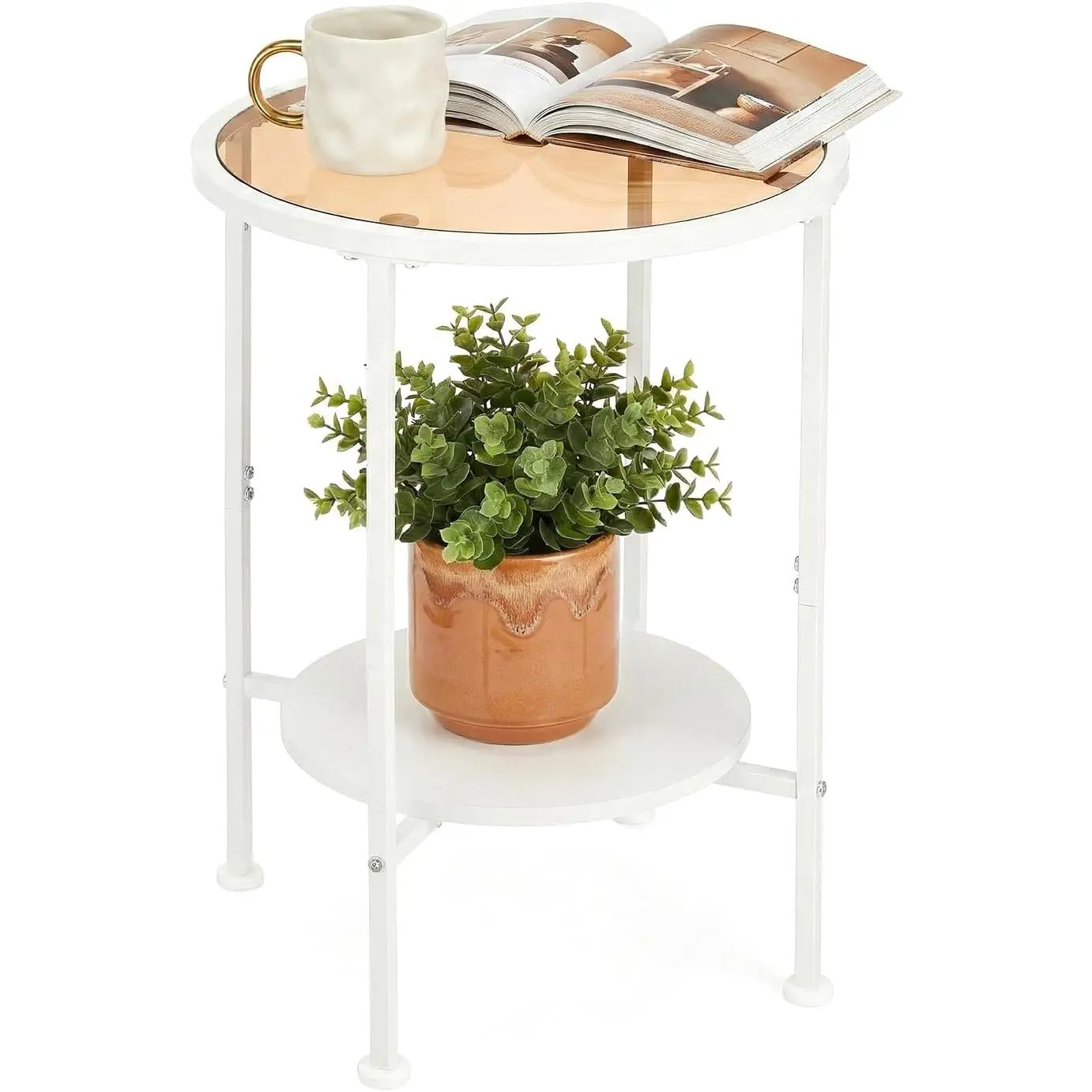 Zexvida 2 Tier Round Side Table with Tempered Amber Glass Top, White Metal End Table for Small Spaces, Bedroom, Living Room,Cute Retro Aesthetic Nightstand, Modern Vibe Accent Table for Plant & Decor