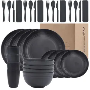 Straw Placemat Set, Plastic Plates & Bowls Set Dinnerware Essential Dormitory Utensils Microwave Safe , University Housing Essentials