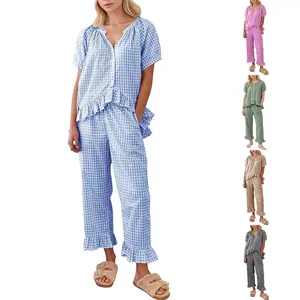 Naeduo Womens Plaid 2 Piece Pajamas Sets Gingham Button Down Puff Sleeve Babydoll Shirt Ruffle Pants Y2K Pjs Lounge SpringStatements Set Soft Womenswear Nightwear