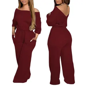Off Shoulder V-Back Elastic Waist Pockets Design Jumpsuit Casual Drop Shoulder Cinched Waist Wide Leg Jumpsuit
