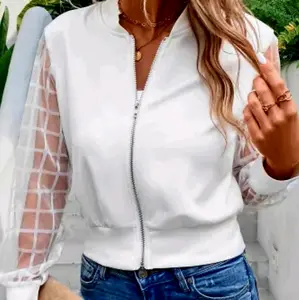Women White Mesh Sleeve Jacket