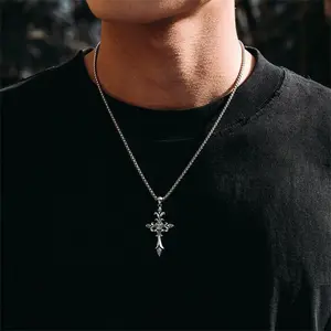 Gothic Crown Cross Necklace 3D Stainless Steel Dark Vintage Pendant 23.62in Chain for Layering or Standalone Wear Elevate Your Style with Elegance
