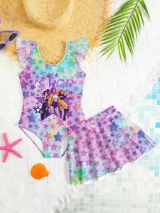 K-Pop Girl Group Gradient Color Star Swimsuit, Cute Sleeveless Skirt Style Swimwear, No Zipper, Slim-Fitting