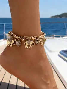 Bohemian Vintage Carved Heart-Shaped Elephant Anklet Bracelet, High-End Design for Women, Summer Beach/vacation/party, Exquisite Gift