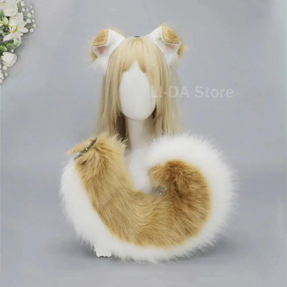 2Pcs/set Shepherd Dog Ear Hairband Tail Shiba Lnu Ear Plush Dog Role Play Cos Pet Puppy Ear Tail Halloween Costume Accessories