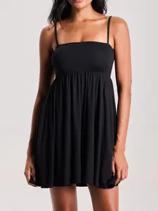 klassy Solid Babydoll Mini Dress - Soft Fabric, Minimalist Style, Pockets, Adjustable Straps, Casual Womenswear