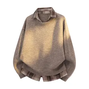 Men's Autumn New Fake Two-Piece Shirt, Knit Sweater Base Layer Jacket, Color Block Collar Pullover, Unisex Long Sleeve, Designer Lapel Top, Casual Versatile Mood Couple's Long Sleeve Hoodless Knitwear, Soft Comfortable Fabric, Suitable for Everyday Wear