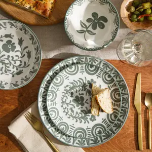 Bloomhouse - 2-Time Oprah’s Favorite Things - Valencia Flor 16 Piece Dinnerware Set, Artisanal Decorated Stoneware Plates & Bowls, Service for 4, Microwave & Dishwasher Safe, Fern Green