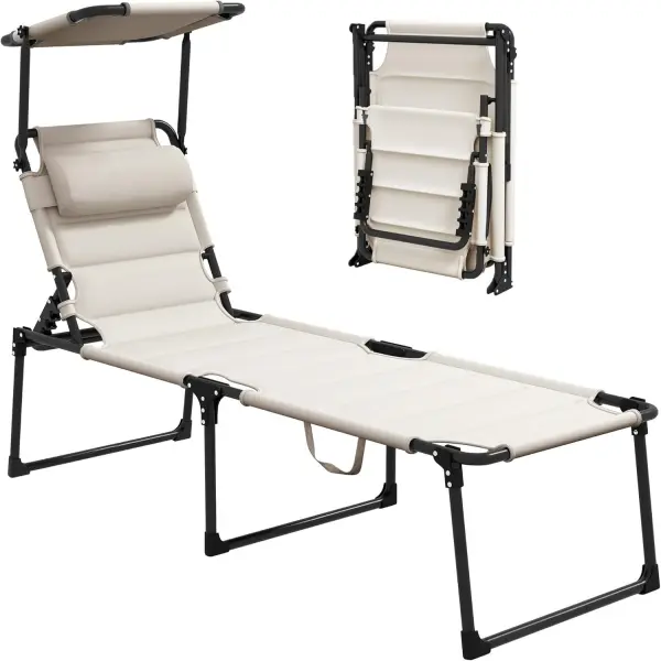 Outsunny Single-Seat Armless Oversized Outdoor Lounge Chair for Adults, Adjustable Backrest Folding Chaise with Oxford Fabric Cushion, Sunshade Roof & Pillow Headrest, 270 lbs Capacity, Requires Assembly, for Backyard, Hiking, Cream White