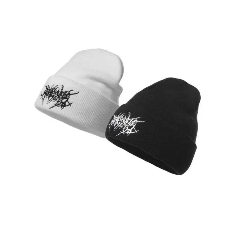 Solid Color Embroidered Gothic Street Punk Knitted Hat – Warm Ski Cap for Autumn and Winter, Unisex Couple Style, Soft Comfortable Cold Weather Headwear, TikTokShopBlackFriday design baseball Assorted Acrylic Knit Beanie Set skull adjustable casual wear
